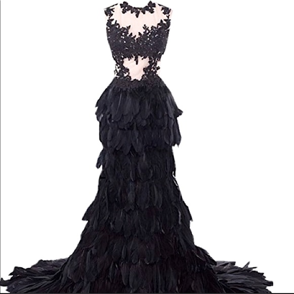 Feather Long Maxi Prom Embellished Gown Dress - Picture 10 of 12